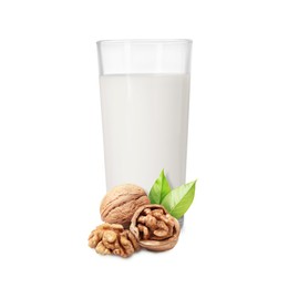 Image of Nut milk in glass and walnuts isolated on white