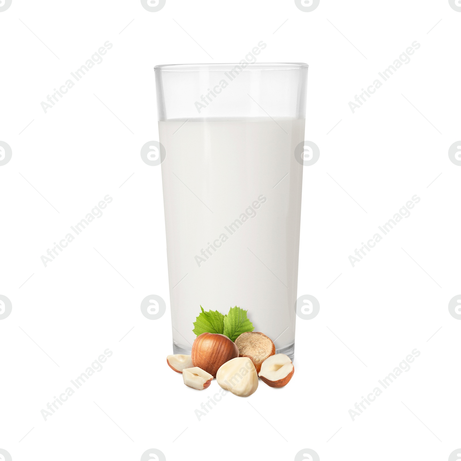 Nut milk in glass and hazelnuts isolated on white Image of Nut milk in glass and hazelnuts isolated on white
