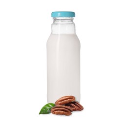 Image of Nut milk in glass bottle and pecans isolated on white