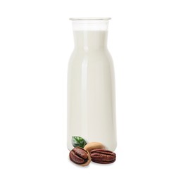 Image of Nut milk in glass bottle and pecans isolated on white