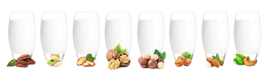 Image of Different types of nut milk in glasses isolated on white, set