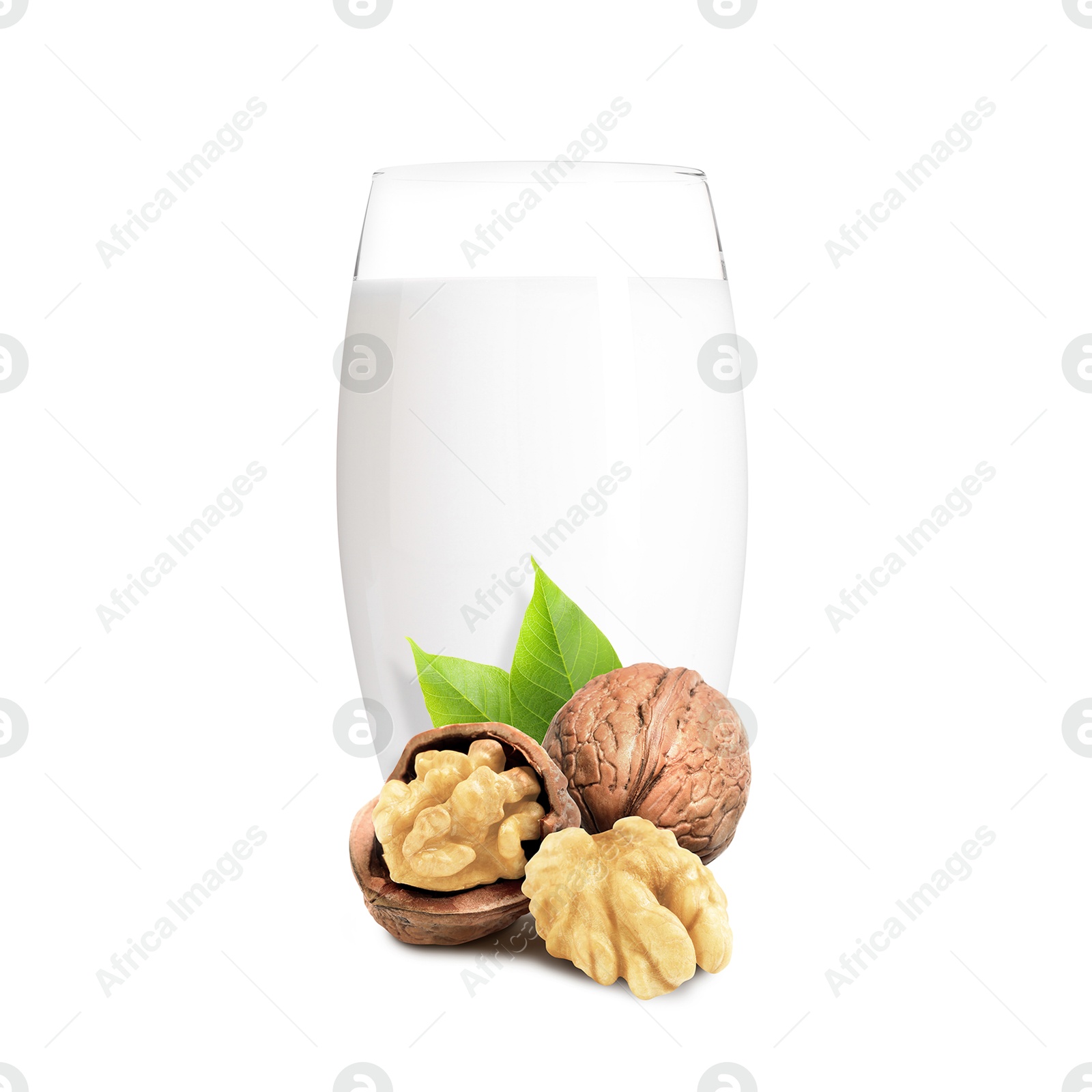 Nut milk in glass and walnuts isolated on white Image of Nut milk in glass and walnuts isolated on white