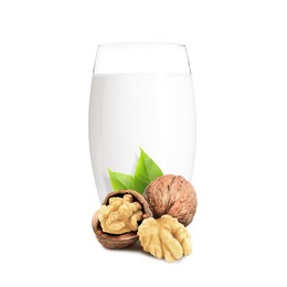 Image of Nut milk in glass and walnuts isolated on white