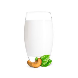Image of Nut milk in glass and cashews isolated on white