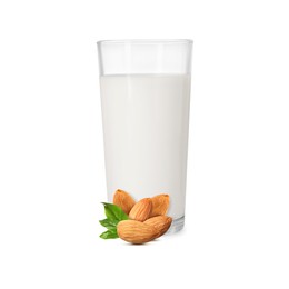 Image of Nut milk in glass and almonds isolated on white