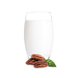 Image of Nut milk in glass and pecans isolated on white