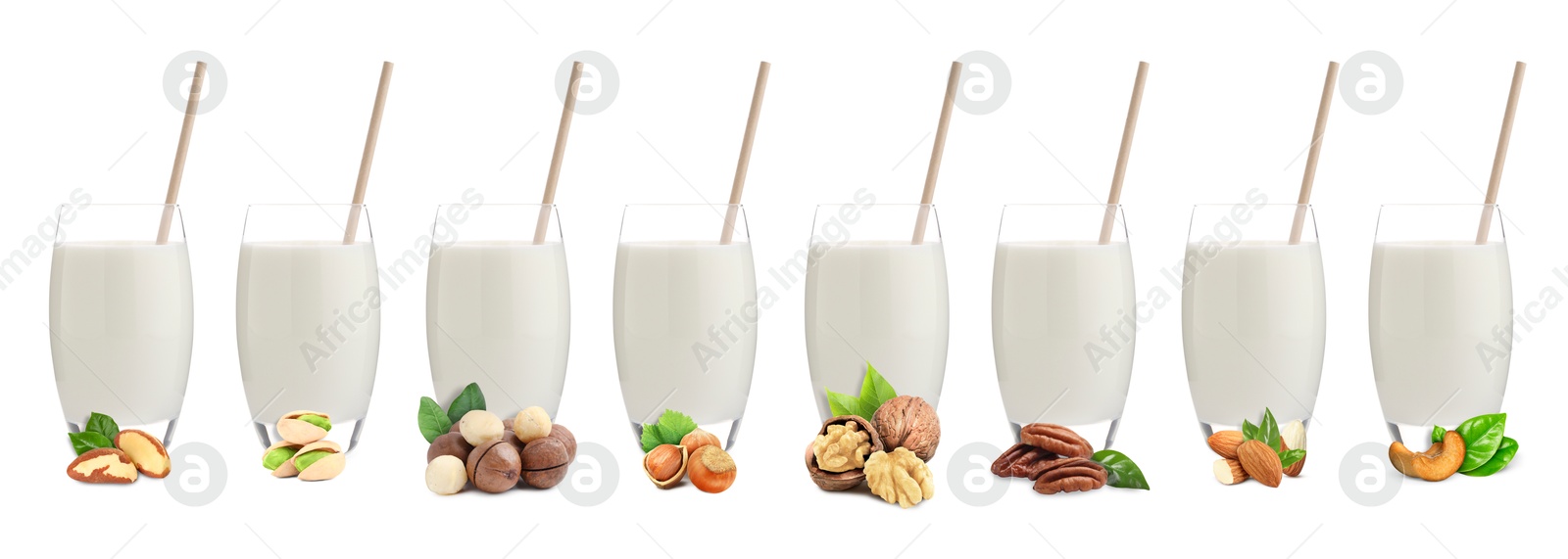 Different types of nut milk in glasses isolated on white, set Image of Different types of nut milk in glasses isolated on white, set