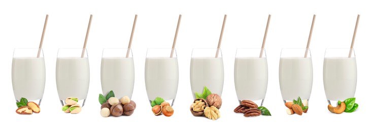 Image of Different types of nut milk in glasses isolated on white, set