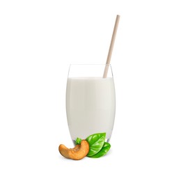 Image of Nut milk in glass and cashews isolated on white