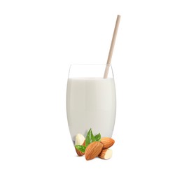 Image of Nut milk in glass and almonds isolated on white