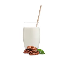 Image of Nut milk in glass and pecans isolated on white
