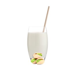 Image of Nut milk in glass and pistachios isolated on white