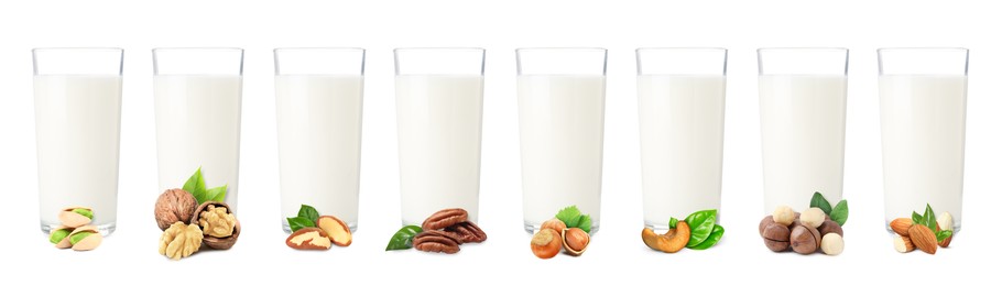 Image of Different types of nut milk in glasses isolated on white, set
