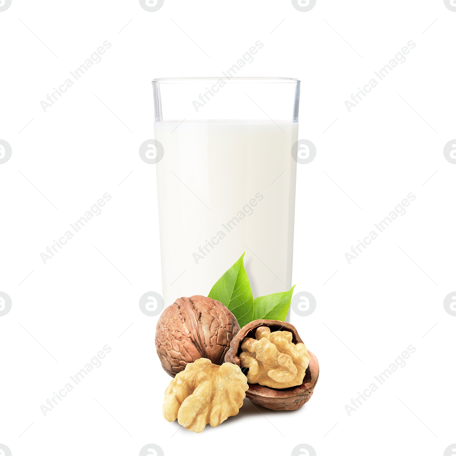 Nut milk in glass and walnuts isolated on white Image of Nut milk in glass and walnuts isolated on white