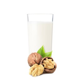 Image of Nut milk in glass and walnuts isolated on white