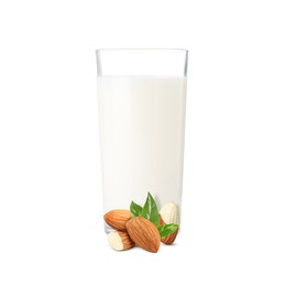 Image of Nut milk in glass and almonds isolated on white