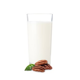 Image of Nut milk in glass and pecans isolated on white