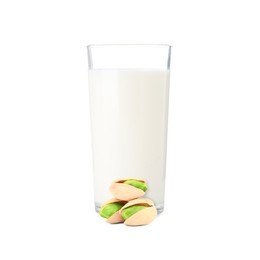 Image of Nut milk in glass and pistachios isolated on white