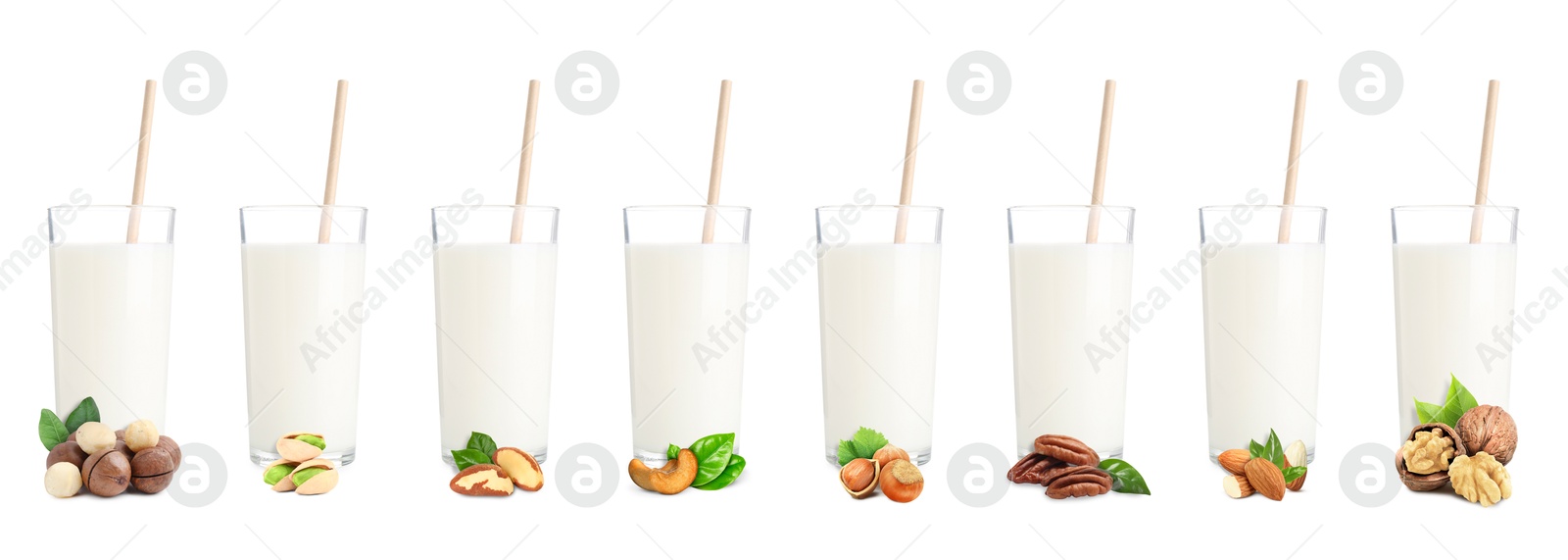 Different types of nut milk in glasses isolated on white, set Image of Different types of nut milk in glasses isolated on white, set