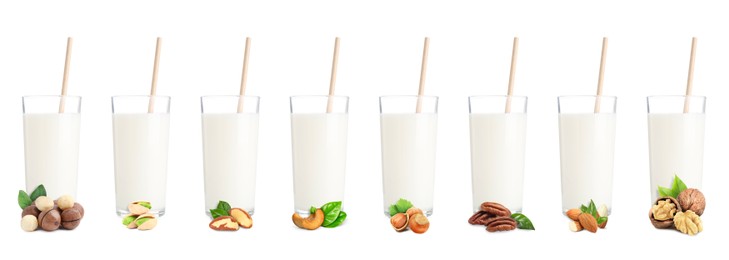 Image of Different types of nut milk in glasses isolated on white, set