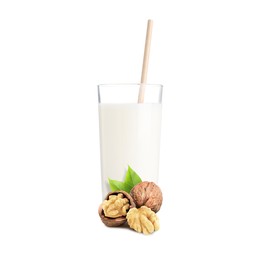 Image of Nut milk in glass and walnuts isolated on white