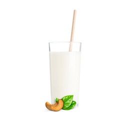 Image of Nut milk in glass and cashews isolated on white