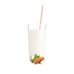 Image of Nut milk in glass and almonds isolated on white