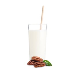 Image of Nut milk in glass and pecans isolated on white