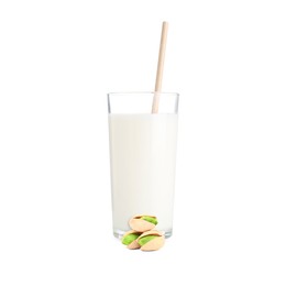 Image of Nut milk in glass and pistachios isolated on white