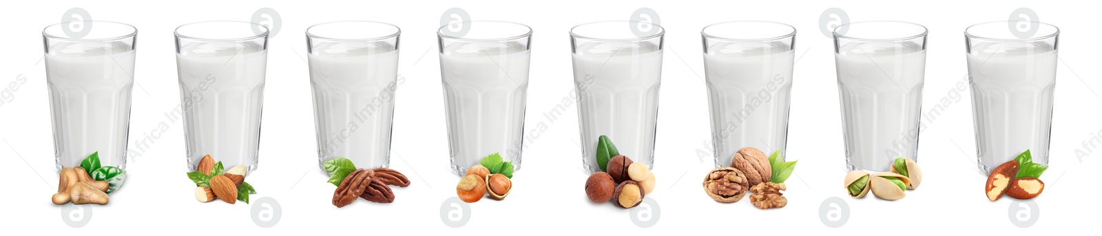 Different types of nut milk in glasses isolated on white, set Image of Different types of nut milk in glasses isolated on white, set