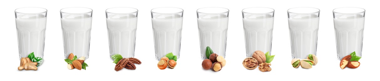 Image of Different types of nut milk in glasses isolated on white, set