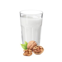 Image of Nut milk in glass and walnuts isolated on white