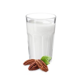 Image of Nut milk in glass and pecans isolated on white
