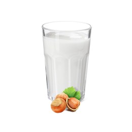 Image of Nut milk in glass and hazelnuts isolated on white