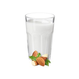 Image of Nut milk in glass and almonds isolated on white