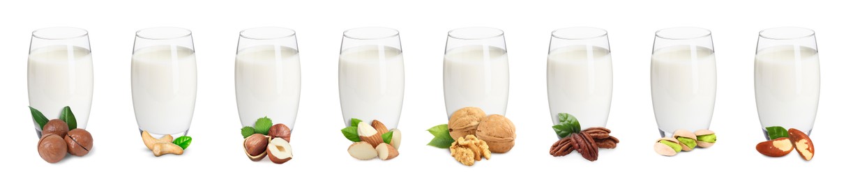 Image of Different types of nut milk in glasses isolated on white, set