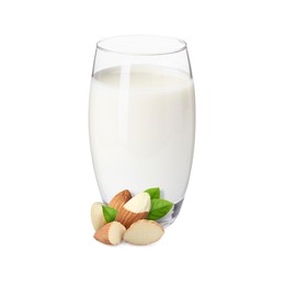Image of Nut milk in glass and almonds isolated on white