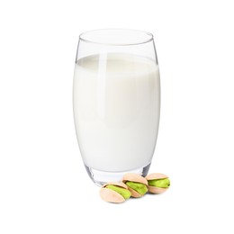Image of Nut milk in glass and pistachios isolated on white
