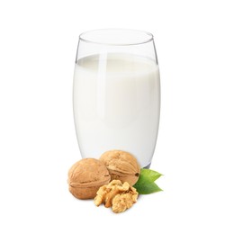 Image of Nut milk in glass and walnuts isolated on white