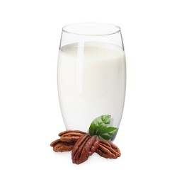 Image of Nut milk in glass and pecans isolated on white