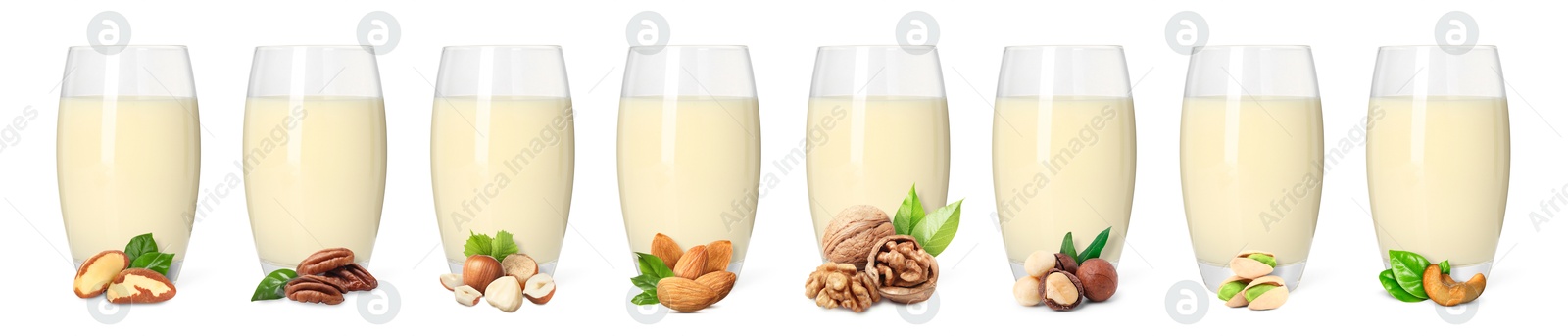 Different types of nut milk in glasses isolated on white, set Image of Different types of nut milk in glasses isolated on white, set