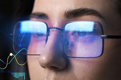 Image of Stock exchange. Trader analyzing data, closeup. Double exposure with graphs. Information reflecting in her eyeglasses