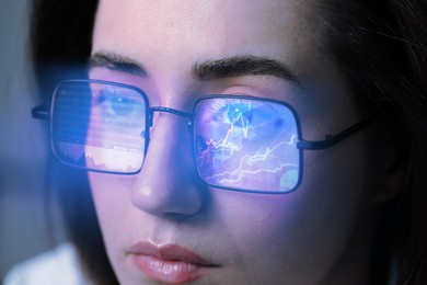 Image of Stock exchange. Trader analyzing data, closeup. Graphs reflecting in her eyeglasses