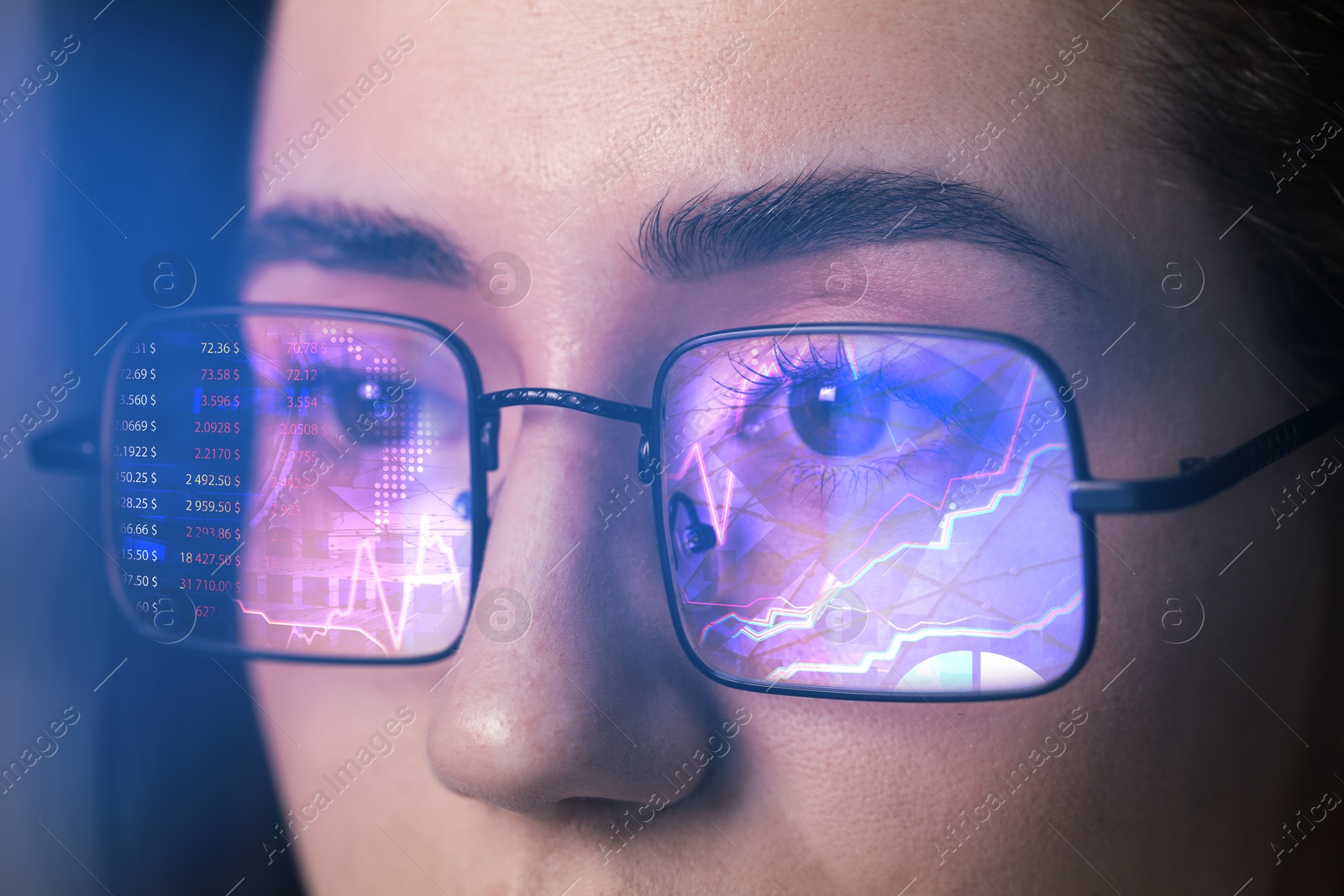 Stock exchange. Trader analyzing data, closeup. Graphs reflecting in her eyeglasses Image of Stock exchange. Trader analyzing data, closeup. Graphs reflecting in her eyeglasses