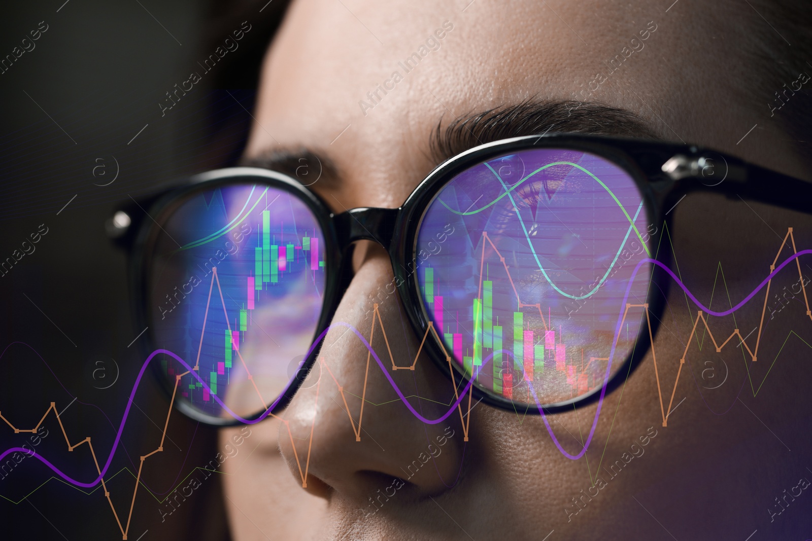 Stock exchange. Trader analyzing data, closeup. Graphs reflecting in her eyeglasses Image of Stock exchange. Trader analyzing data, closeup. Graphs reflecting in her eyeglasses