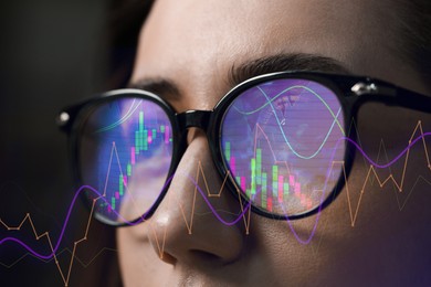 Image of Stock exchange. Trader analyzing data, closeup. Graphs reflecting in her eyeglasses