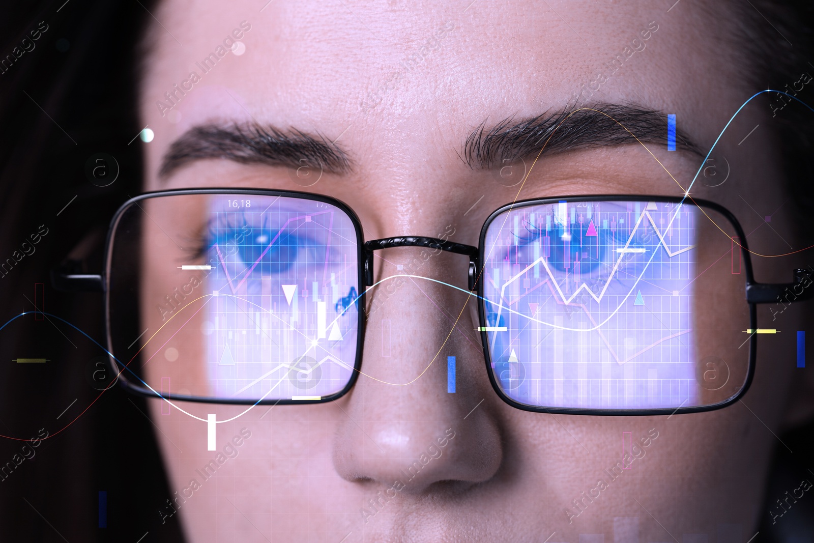 Stock exchange. Trader analyzing data, closeup. Graphs reflecting in her eyeglasses Image of Stock exchange. Trader analyzing data, closeup. Graphs reflecting in her eyeglasses