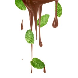 Image of Chocolate flows and mint leaves on white background