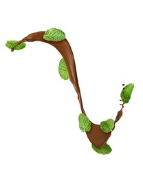Image of Chocolate splash and mint leaves in air on white background