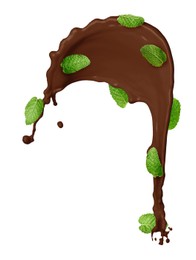Image of Chocolate splash and mint leaves in air on white background